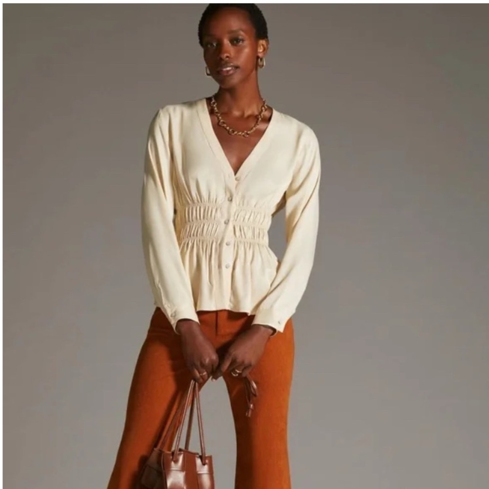 Anthropologie Smocked Satin Blouse